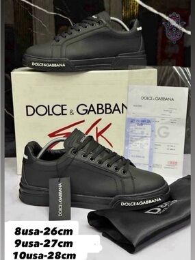 Dolce & Gabbana Men’s Black Leather Low-Top Sneakers with White Logo